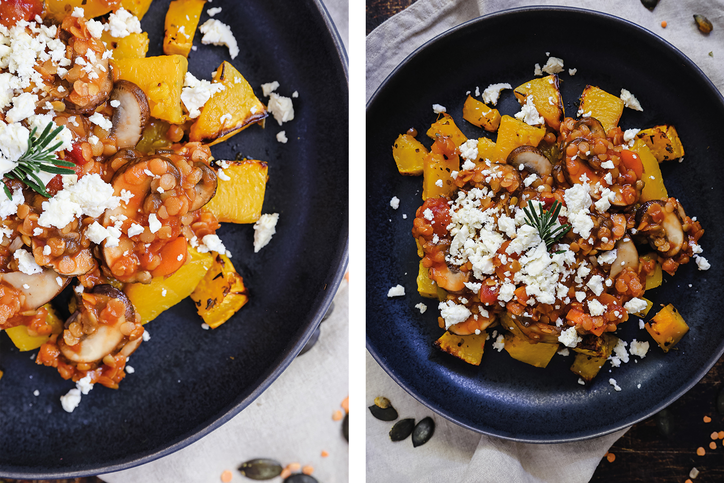 Ofengerösteter Butternutkürbis mit Linsen-Pilz-Bolognese - Pottgewächs